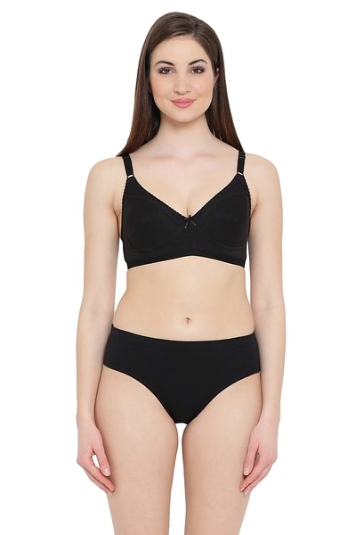 Buy Cotton Rich Non-padded Bra & Hipster Panty Set in Black Online India,  Best Prices, COD - Clovia - BP0185Q13