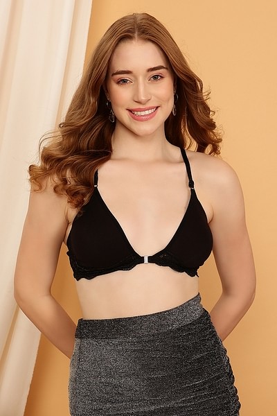 Buy Non-Padded Non-Wired Front Open Plunge Bra in Black- Cotton