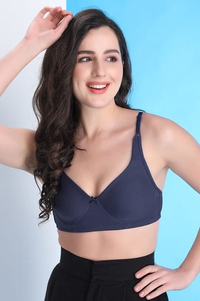 Clovia Non-Padded Non-Wired Full Coverage Bra with Double Layered Cups in Navy - Cotton Rich