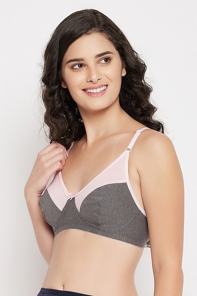 Buy CLOVIA Grey Women's Cotton Rich Non-Padded Non-Wired Bra with Mesh Neck