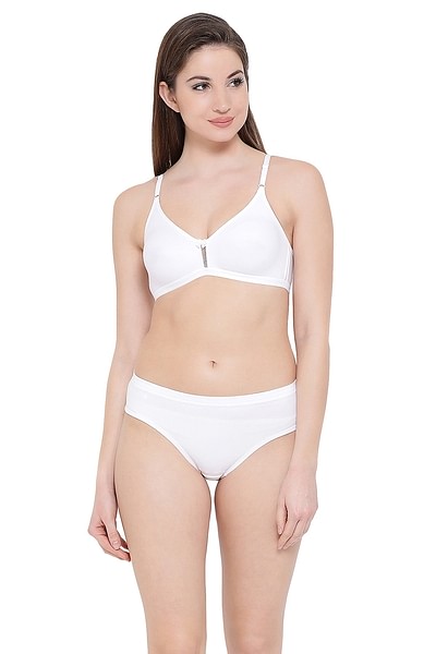Buy Non-Padded Non-Wired T-Shirt Bra with Hipster Panty in White - Cotton  Rich Online India, Best Prices, COD - Clovia - BP0638P18
