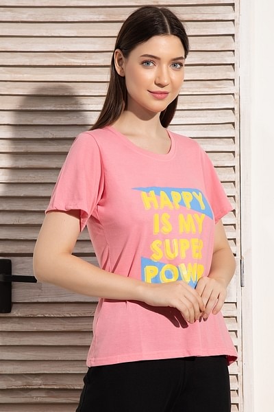 Clovia Happy Is My Superpower Top in Pink- Cotton Rich 