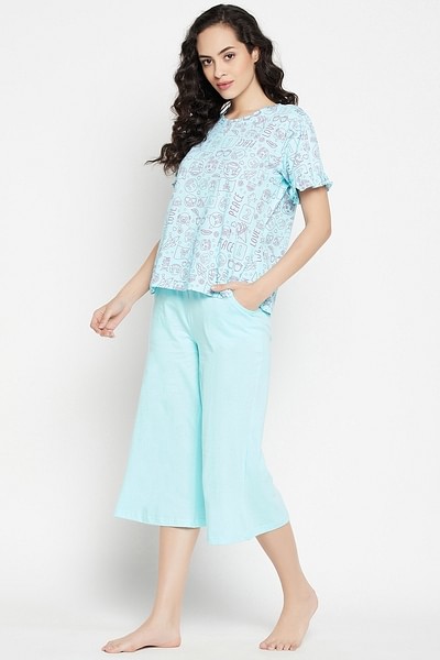 Blue and Navy Blue Lounge Wear 120GSM Ladies Printed Cotton T Shirt Capri  Set, 119 Gsm, Size: Medium at Rs 500/set in Mumbai