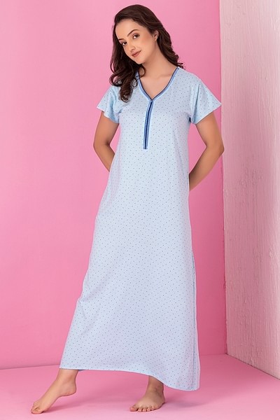 Buy Dot Print Long Night Dress in Sky Blue - 100% Cotton Online