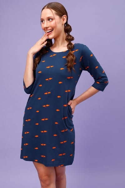Navy Blue-Colored Feeding Short Nightdress