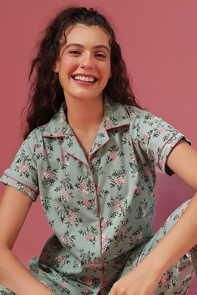 Buy Floral Print Button-Down Night Suit in Light Green 100
