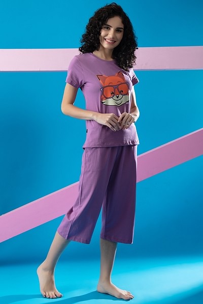 Buy Fox Emoji Print Top & Solid Capri Set in Lilac - 100% Cotton Online  India, Best Prices, COD - Clovia - LS0598A15