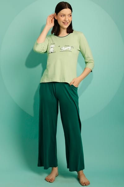 Buy Graphic & Text Print Top in Mint Green and Chic Basic Pyjama in ...