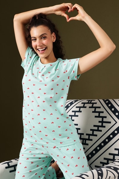 Heart Print Top Pyjama Set in Baby Blue 100% Cotton