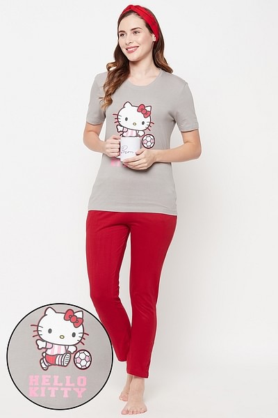 Buy Hello Kitty Text & Graphic Print Sleep T-shirt in Light Grey