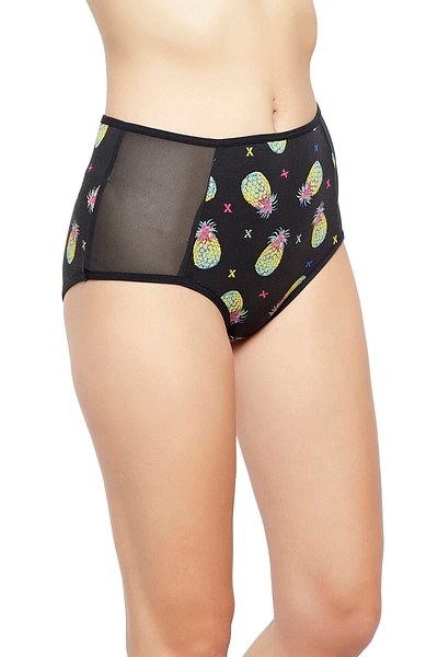Buy High Waist Pineapple Print Hipster Panty in Black with Mesh Panels -  Cotton Online India, Best Prices, COD - Clovia - PN2359I13