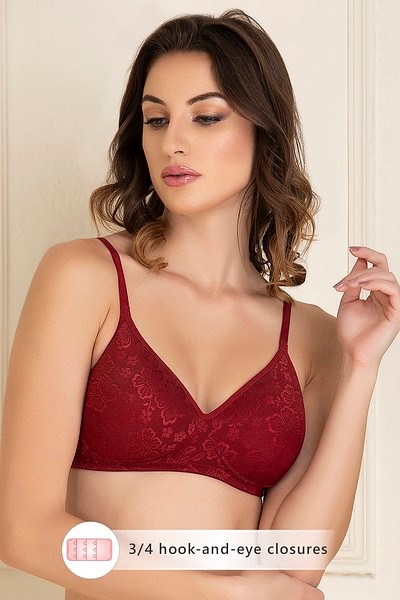 Buy Lace Padded Non-Wired Full Coverage Bra In Red Online India