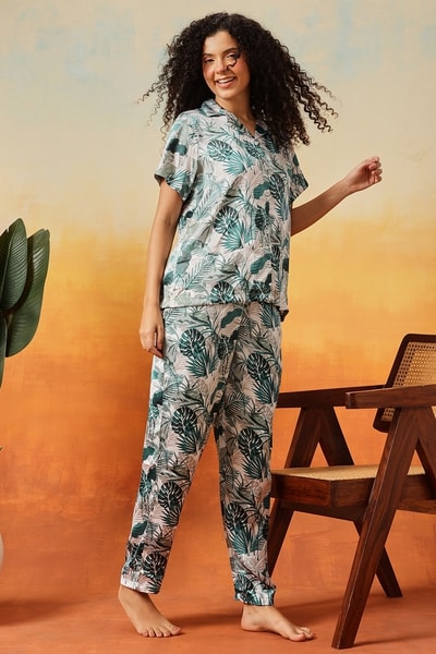 Buy Leaf Print Button-Down Night Suit in Light Green Satin