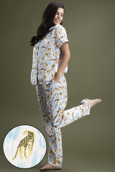 Buy Leopard Print Button Me Up Shirt Pyjama Set in White Satin