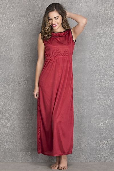 2 Pcs Satin Nightwear Set In Maroon And Black Long Robe And Nightie