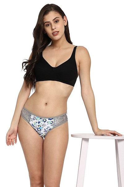Buy Low Waist Floral Print Bikini Panty with Lace Panels in White