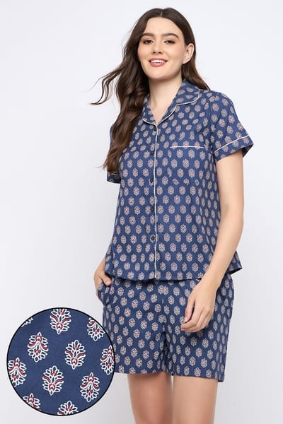Long Sleeve Button Down Shirt With Tie Front Shorts Poly Challi Printed Set