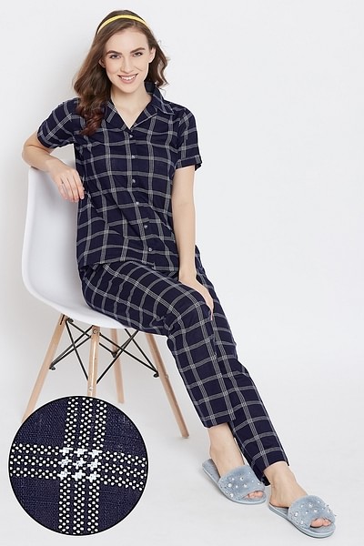 Clovia Classic Checks Top & Pyjama in Grey - Rayon