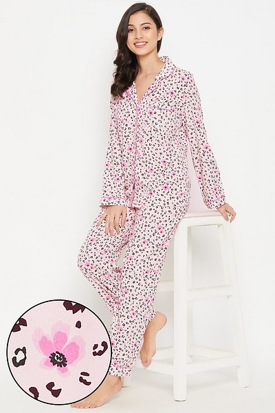 Buy Animal Print Button Down Shirt & Pyjama Set in Light Pink - Satin  Online India, Best Prices, COD - Clovia - LS0385J22