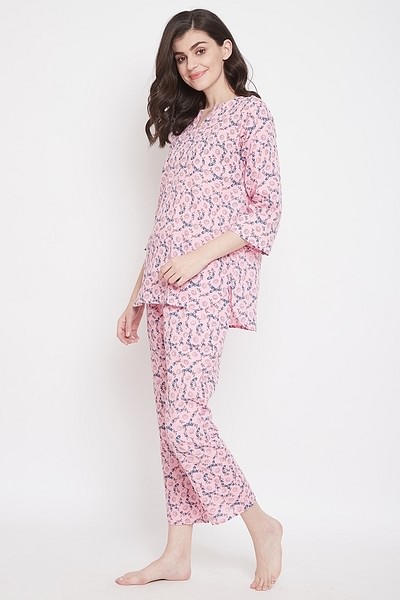 Buy Clovia Print Me Pretty Top & Pyjama Set in Baby Pink - 100