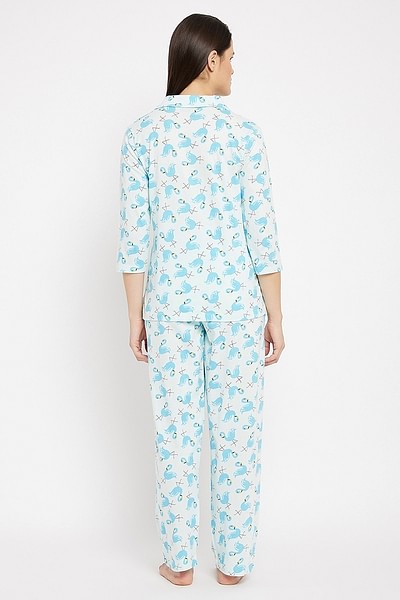 Buy Flamingo Print Button Down Shirt & Pyjama Set in Baby Blue