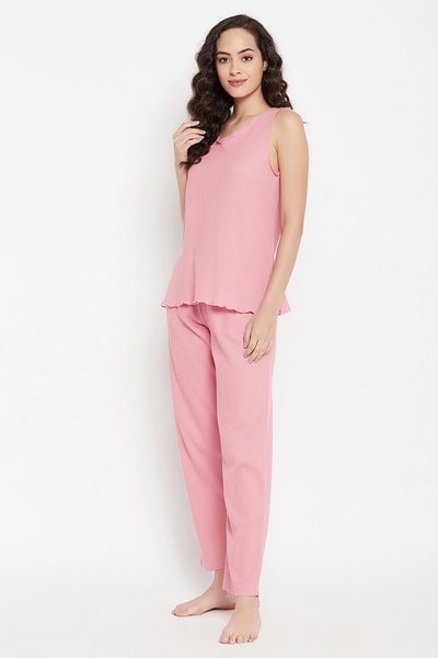 Buy Waffle Knit Top Pyjama Set in Baby Pink 100% Cotton Online