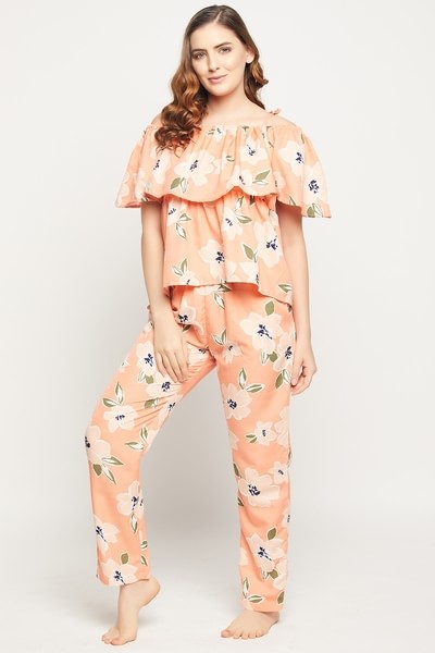 Buy Pretty Florals Cold Shoulder Top Pyjama Set in Peach- Rayon