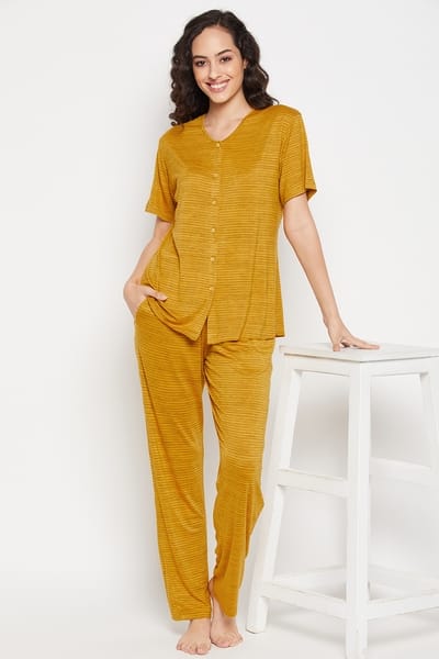 Mustard Yellow Jacquard Cotton Top & Pyjama Night Suit Set