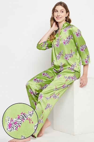 Sage tiger print satin best sale pyjama set