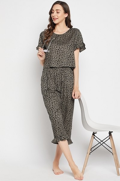 Buy Animal Print Top & Capri Set in Olive Green - Rayon Online India, Best Prices, COD - Clovia - LS0696P17 Buy Animal Print Top & Capri Set in Olive Green - Rayon Online India, Best Prices, COD - Clovia - LS0696P17