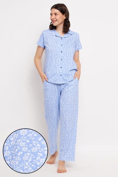 Casual Summer Blue Shirt And Pyjama Set