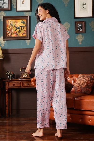 Zeyo Women's Navy Blue Square Print Cotton Night Suit Set - Shirt & Pajama Comfy Sleepwear (Large)