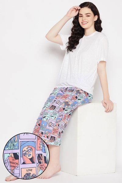 Buy Chic Basic Top in White Comic Print Flared Capri in