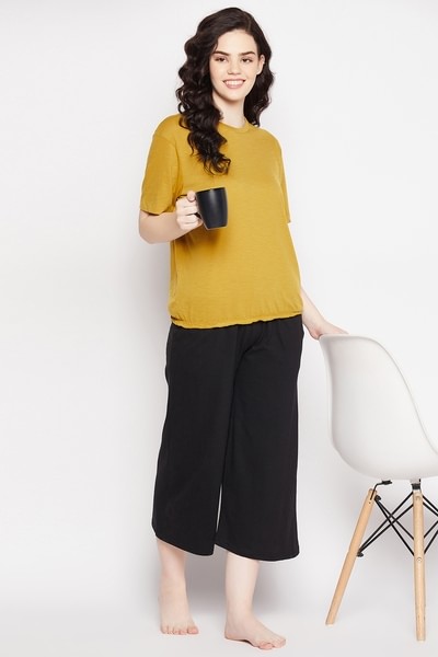 Buy Chic Basic Top in Mustard Yellow Flared Capri in Black 100