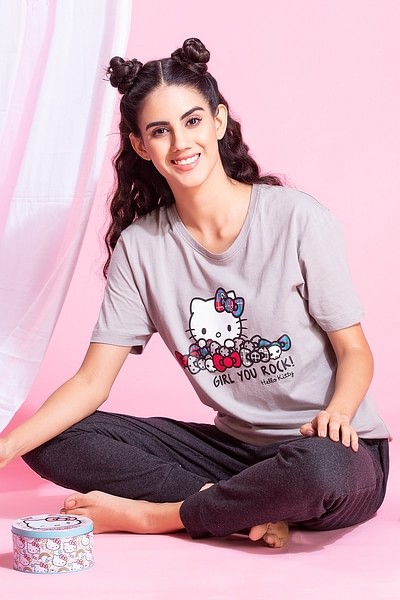 Buy Hello Kitty Text & Graphic Print Sleep T-shirt in Light Grey