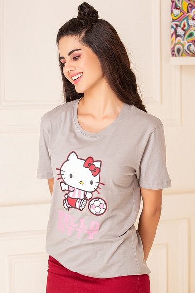 Buy Hello Kitty Text & Graphic Print Sleep T-shirt in Light Grey