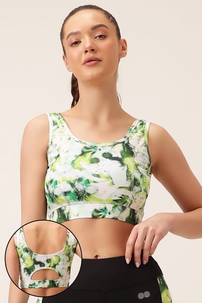 Clovia Medium Impact Marble Print Sports Bra in Green with Removable Cups