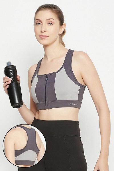 Buy CLOVIA Grey Womens Padded Non-Wired Zipper Front Gym-Sports Bra with  Racerback