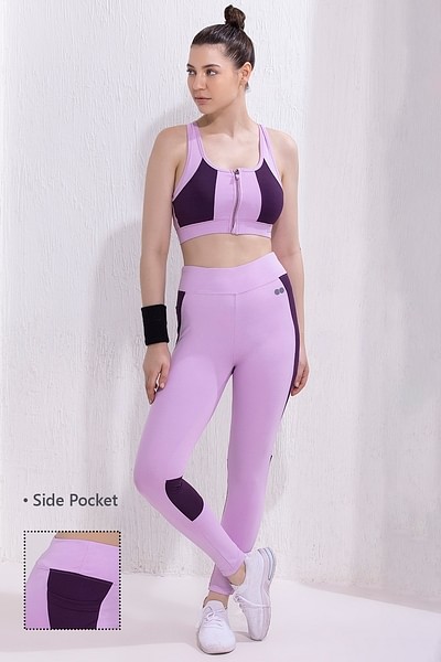 Buy Medium Impact Padded Front Zipper Sports Bra & Active Tights with Side  Pockets in Wine Colour Online India, Best Prices, COD - Clovia - ASC051P15