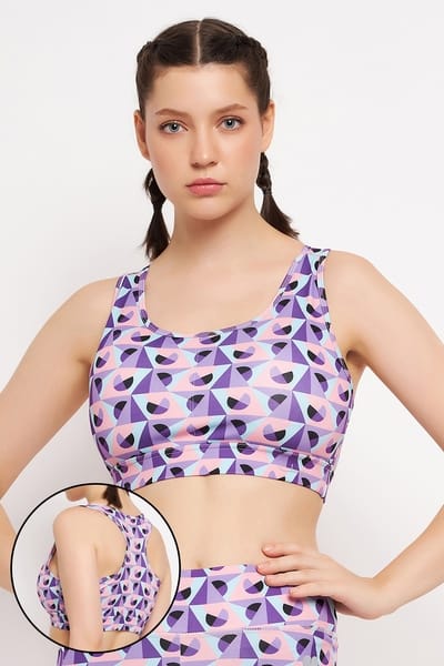 Clovia Medium Impact Padded Geometric Print Racerback Active Sports Bra in Purple with Removable Cups