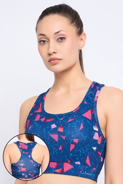 Clovia Medium Impact Padded Non-Wired Printed Sports Bra in Dark Blue