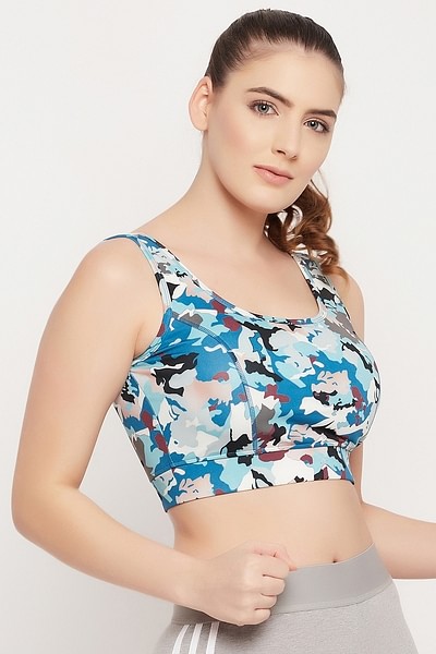 Buy Medium Impact Padded Sports Bra in Stone Blue with Racerback Online  India, Best Prices, COD - Clovia - BRS046P03
