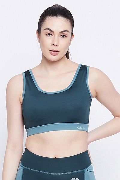 Clovia Women's Medium Impact Padded Seamless Sports Bra with Removable Cups  - Turquoise Blue
