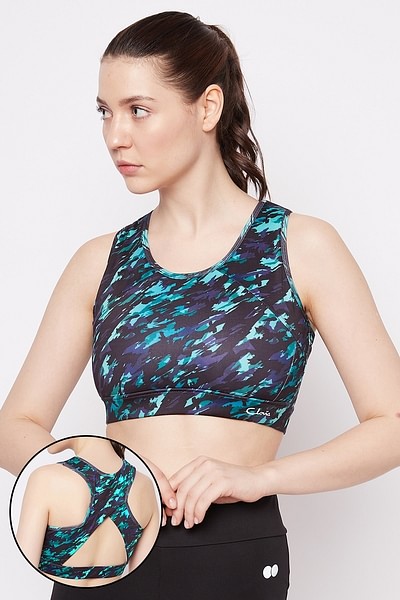 Buy Medium Impact Padded Printed Racerback Sports Bra in Turquoise Green  Online India, Best Prices, COD - Clovia - BRS041P17