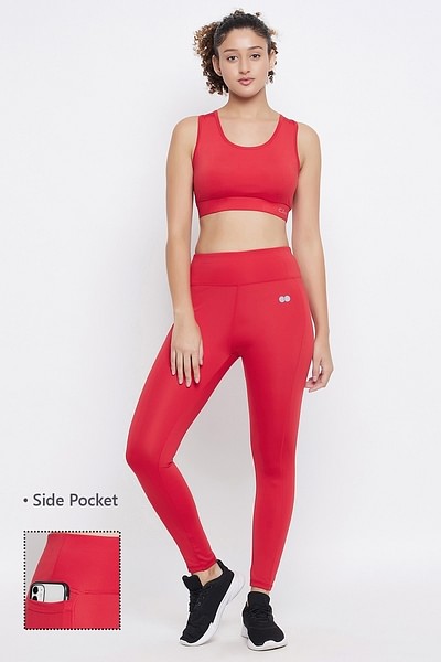 Buy Medium Impact Padded Racerback Active Sports Bra & High Rise Active  Tights with Side Pocket in Red Online India, Best Prices, COD - Clovia -  ASC100P04