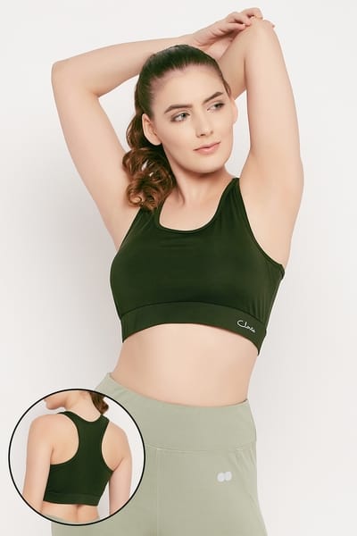 Clovia Medium Impact Padded Racerback Sports Bra in Olive Green