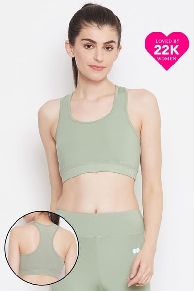 Clovia Medium Impact Padded Sports Bra with Removable Cups in Sage Green