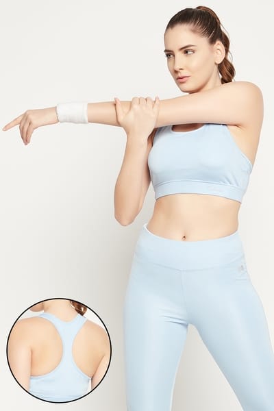 Clovia Medium Impact Padded Racerback Sports Bra with Removable Cups in Sky Blue