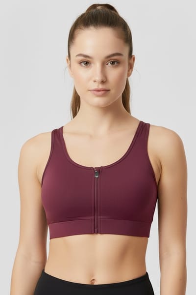 Medium Impact Sports Bra with Front Zipper in Wine Colour