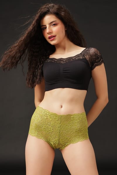 Clovia Mid Waist Boyshorts in Lime Colour - Lace
